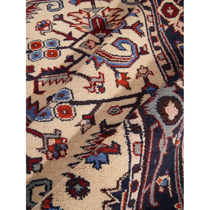 Blanc | Tapis bleu oriental fait main en soie et laine bleu rectangulaire, Rectangle 6 pi x 9 pi