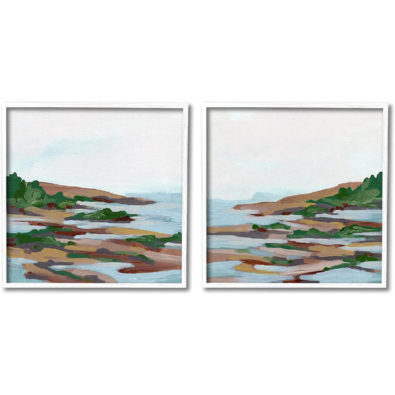 Abstract Quaint Forest Beach Green Blue Brown,  Wh 2 Piece Art Watercolor Painting, 24" H x 24" W x 1.5" D