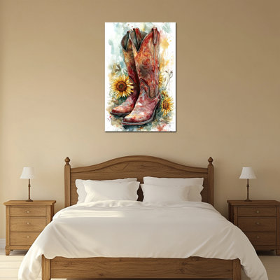 Western Cowgirl, reproduction d'art sur toile de charme, photos de tournesol de bottes rustiques, 24 po x 36 po