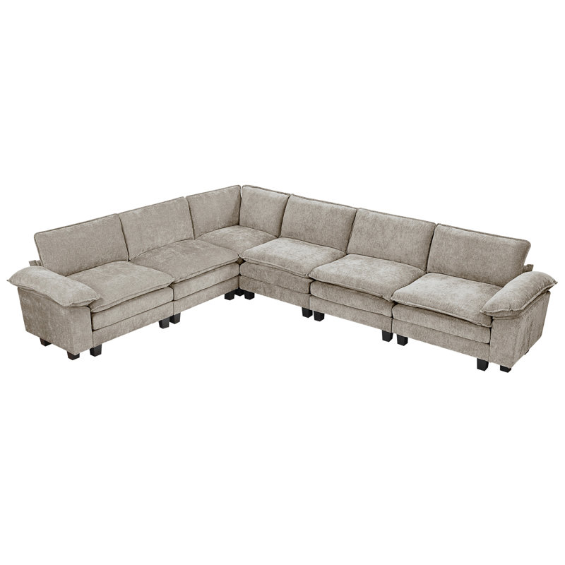 Contemporain, 6, modulaire modulaire, revêtement en chenille, contreplaqué, rembourrage en mousse confortable, coussins d'accoudoirs réglables, dossiers réversibles, housses de siège amovibles, 6 pieds exposés
