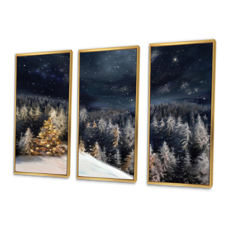 «Night Forest Christmas Tree», ensemble d'art mural sur toile encadré paysage, Or, H 20 po x l 36 po