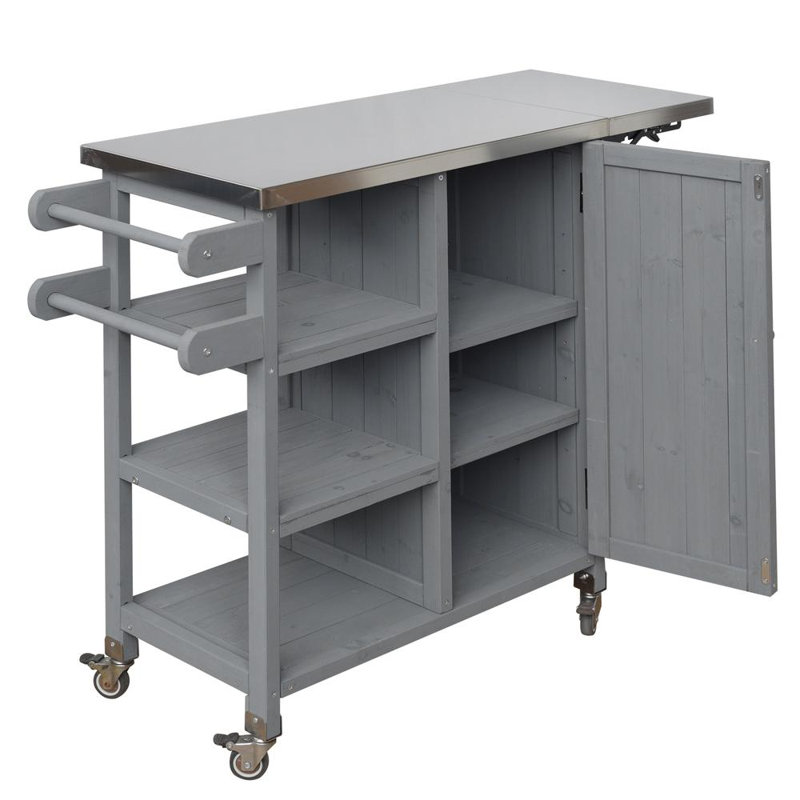 Foldable Outdoor Kitchen Cart with Lockable Wheels, Storage Cabinet and Towel Rack, Gray