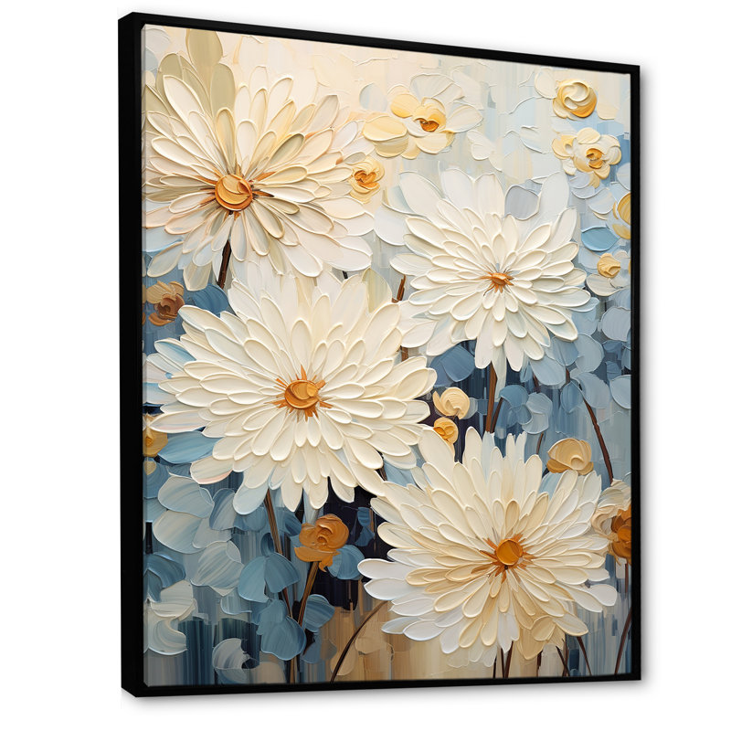 «Simplicity Mums Bloom» en beige et bleu pâle III sur toile, H 32 po x l 16 po x P 1 po, Cadre flottant noir