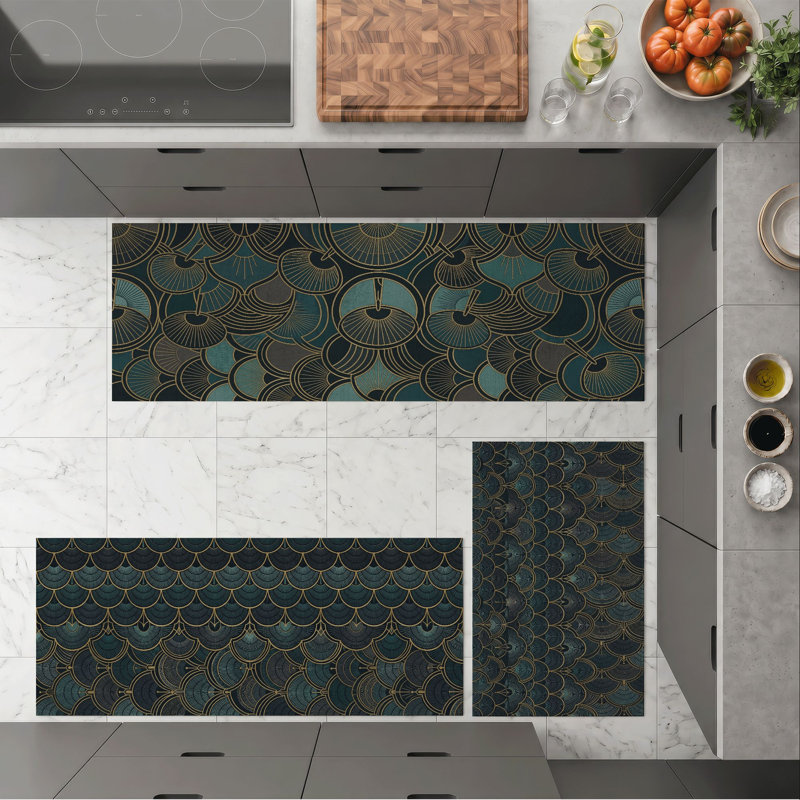 Teal Scale Non-Slip Washable Kitchen Mats