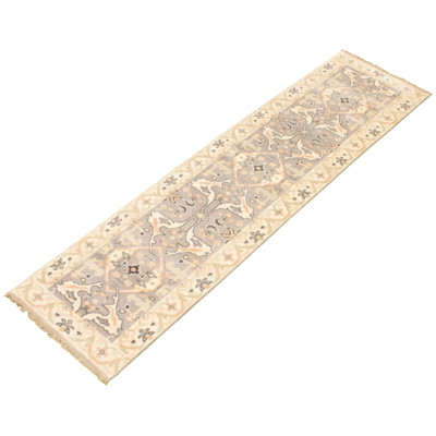 Tapis de couloir en laine noué à la main de conception unique 2 pi 7 po x 9 pi 10 po devoiry Tapis décoratif en beige/gris