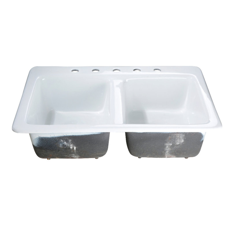 Kingston Brass Petra Galley 33-Inch Cast Iron Self-Rimming Double Bowl Drop-In Kitchen Sink, 5 Hole