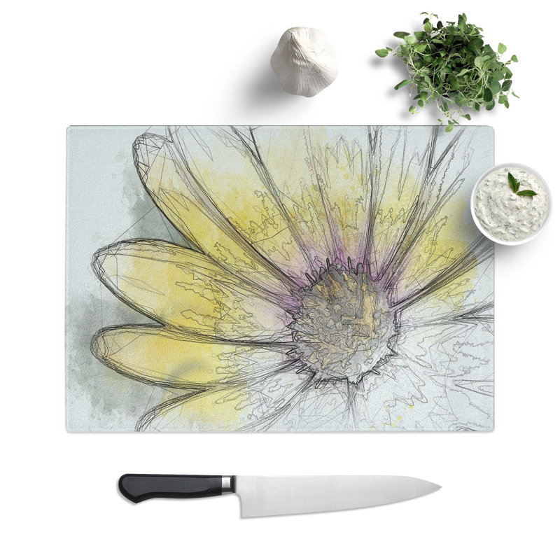 Tempered Glass Yellow Gerbera Flower in Abstract Chopping Board, 28.5 cm W x 20 cm L
