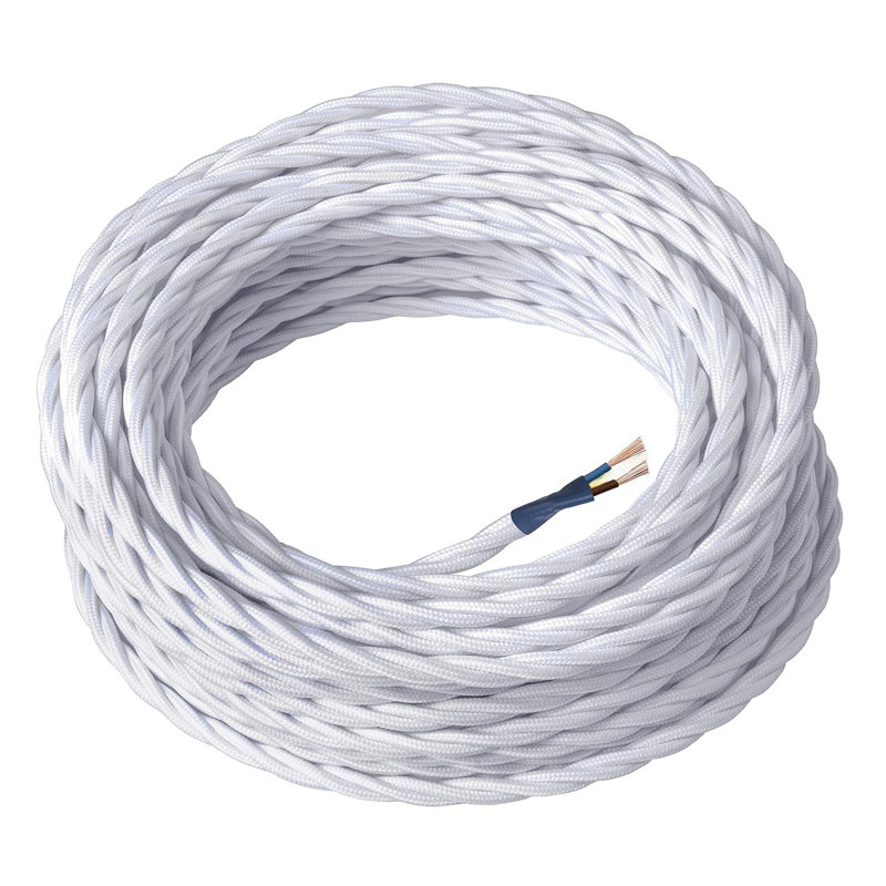 Arquan 2 Core Twisted Cable Fabric Flex Cord 0.75mm Braided Flexible Electrical UK Lighting Wire Cord / Cable, White