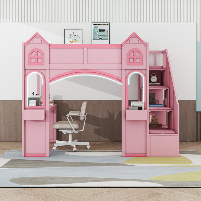 Lit mezzanine double avec bureau réglable, rangement pour escalier et éclairage DEL, Rose/Rose pâle