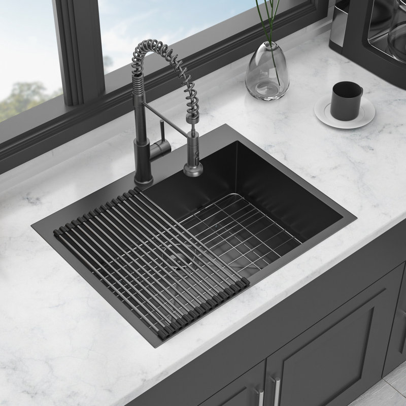 28X22 Gunmetal Black Drop In Stainless Steel Sink - 18 Gauge, Scratch Surface, 3.5" Drain, 26"X18" Interior 28"X22" Scratch , 31-Inch Cabinet Min, 9" Deep