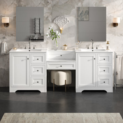Hayden  84" Modern Farmhouse Engineered Stone Double Sink Bathroom Vanity with Ceramic Basins, Soft-Close Drawers, and Metal Knobs