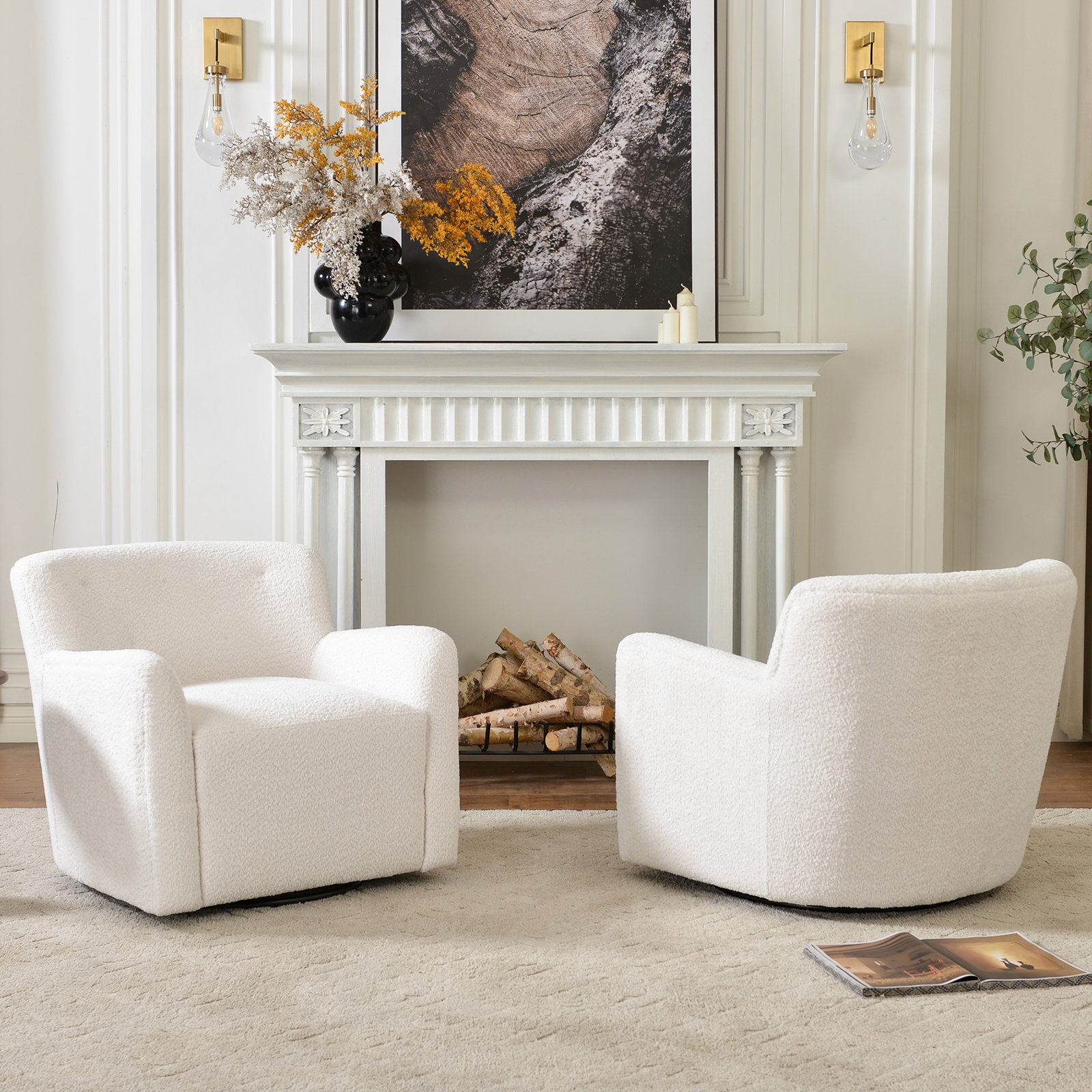 Fae Pine Swivel Accent Chair, White Chenille