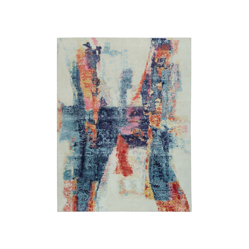 9'x12' Colorful Hand Knotted Modern Abstract Design Wool and Silk Rug 60234BAAE0934ED891E224611FE9995A