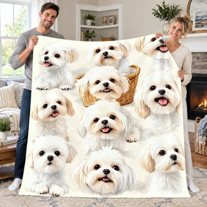 1pc Plush Throw Blanket, Cute Maltese Dog Pattern Flannel Blanket, Super Soft Cozy Lightweight Warm Blanket for Sofa Couch Bed Living Room Dorm Office Travel, Home Decor All‑Season Blanket,, Holiday Birthday Gift