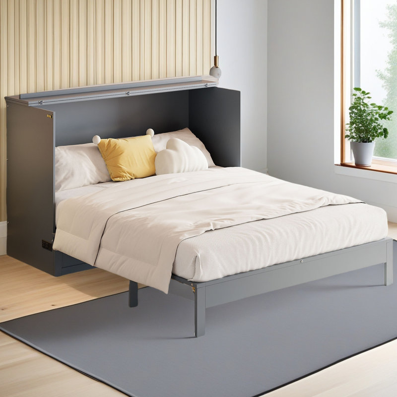 Lit escamotable double avec grands tiroirs, Gris, Double