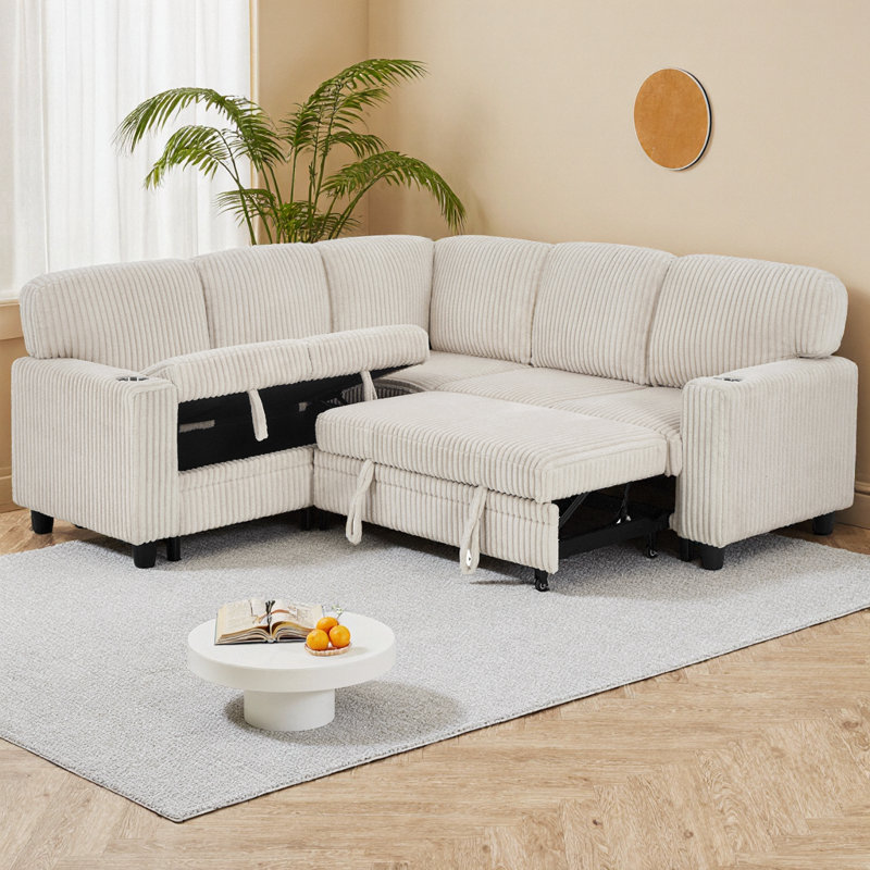 Pull-Out Queen Bed, Hidden 39"x23" Storage, USB-C + Cup Holders, Corduroy Wrap, 400 lb/Seat, Left/Right Bed Swap, 4-Carton Delivery