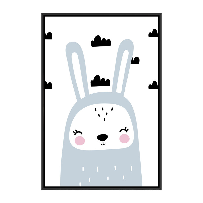 «Bunny Blue with Clouds Scandi», reproduction d'impression, H 60 po x l 40po x P 1,5 po, Toile avec cadre noir, Pas de tapis
