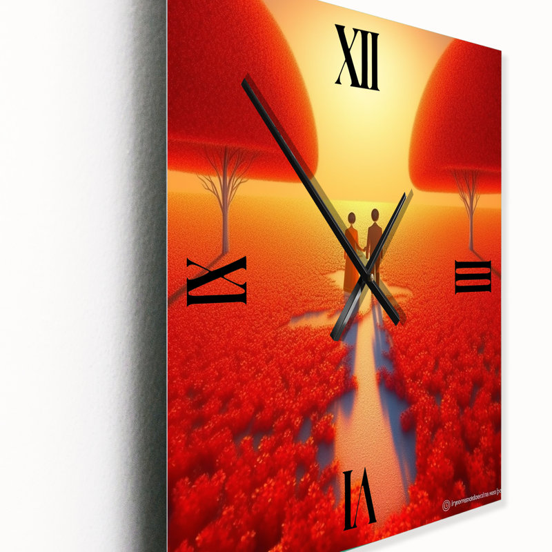 «Walking Inthe Summer Poppie Fields I» - Horloge murale asiatique surdimensionnée, Très grand