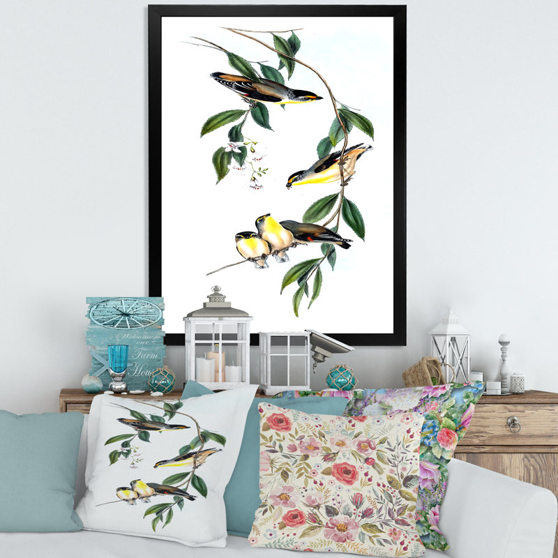 Oiseau rétro III - peinture sur toile, H 32 po x l 16 po x P 1 po, Cadre photo noir