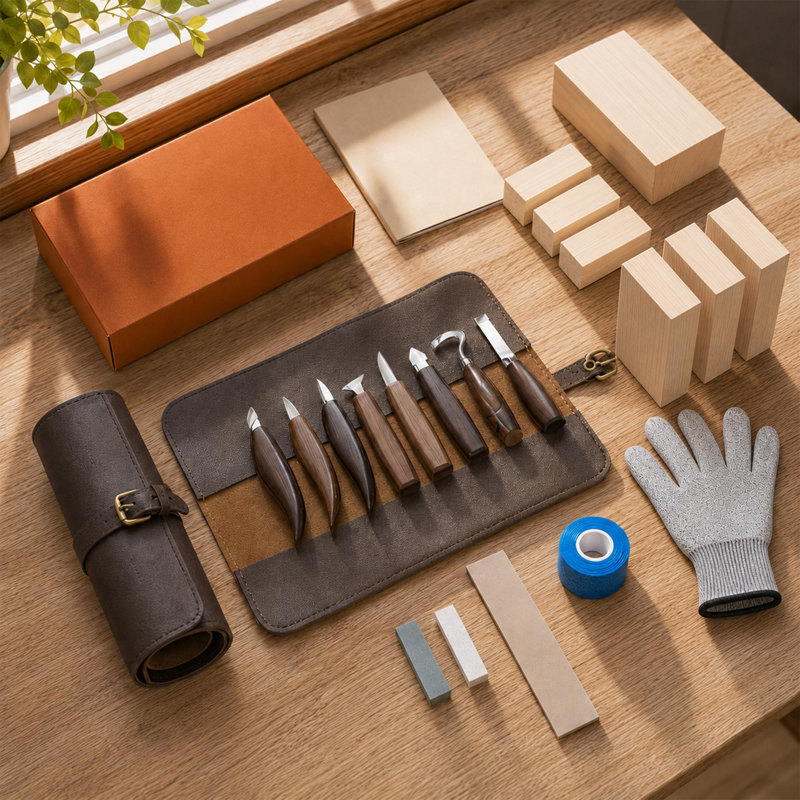 Ensemble de 8 couteaux à découper le bois, poignées en bois de noyer massif, étui à roulettes en cuir