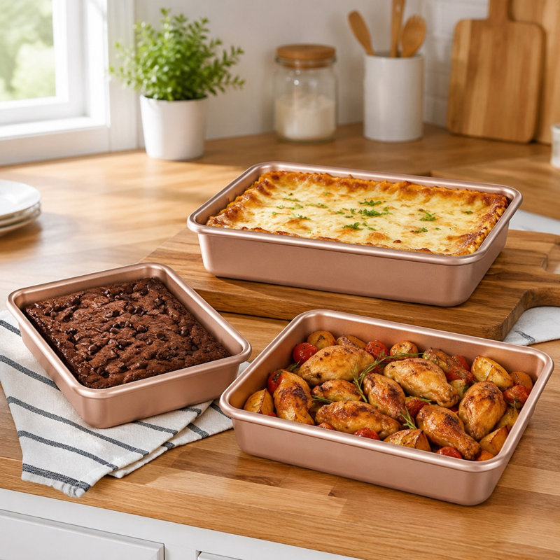 Ensemble de plats de cuisson profonds, 3 pièces, moule à gâteau rectangulaire empilable, plateaux de four champagne or 9/11/13 pouces