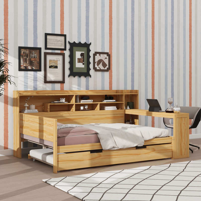 Lit de jour double en bois avec rangement intégré, lit simple escamotable et bureau d'étude intégré, Naturel, Lit double