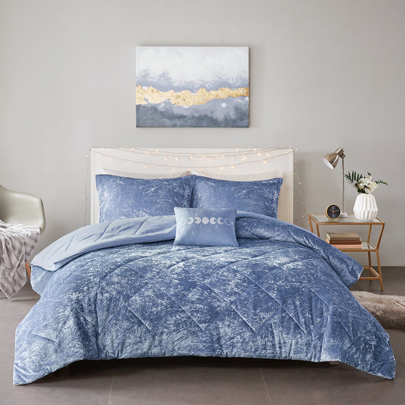 Édredon simple / simple en velours TG - Pervenche bleue avec dessus en losange, édredon, 2 taies décoratives, 1 coussin, lavable de luxe, machine