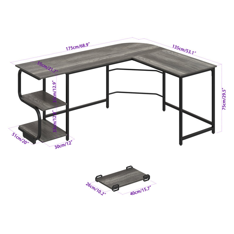 L-Shaped Metal Base Computer Desk, Black Oak/Black, 29.3" H x 68.9" W x 53.1" D