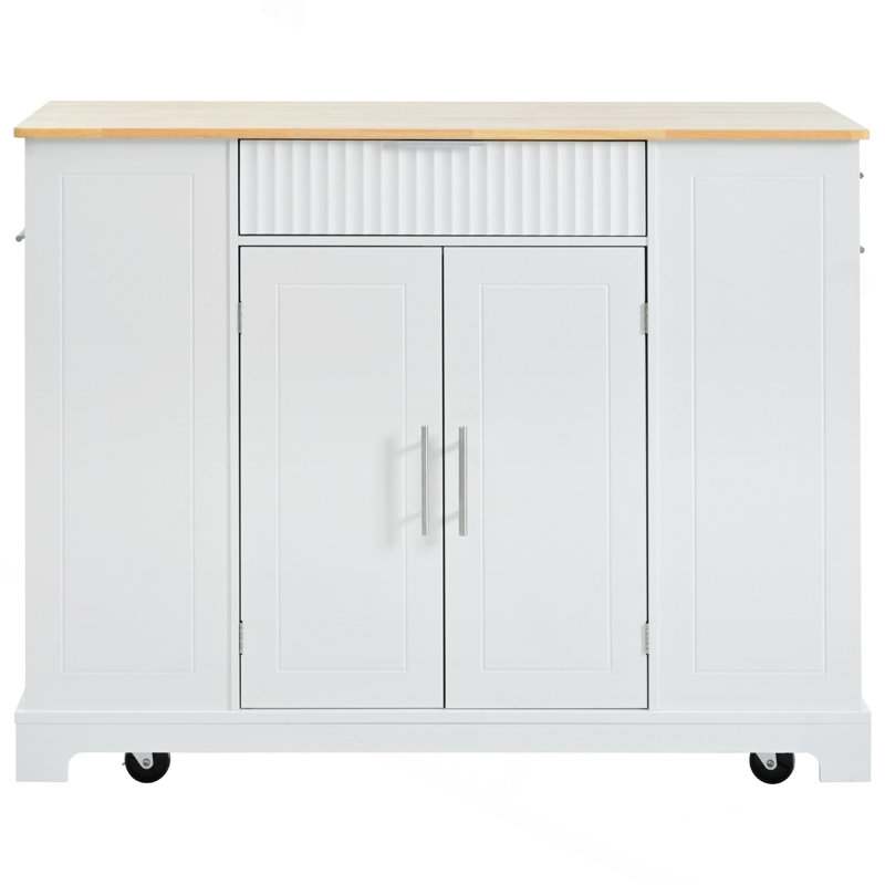 Îlot de cuisine roulant avec plateau en bois et armoire à poubelle, chariot de cuisine sur 5 roulettes, Blanc