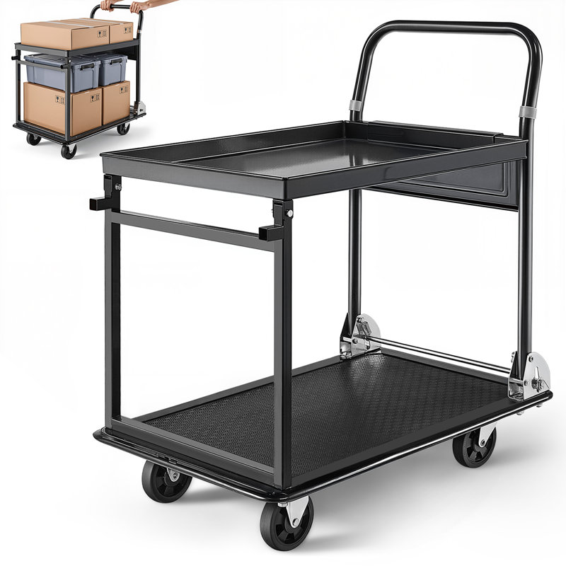 Foldable Push Cart Dolly, 700 lbs, Heavy Duty Platform Hand Truck with Wheels, High-Strength Steel, 2 Tier Moving Flatbed Cart, for Warehouse, Garage, Workshop, Office, 28.7 x 18.5 x 32.3 in
