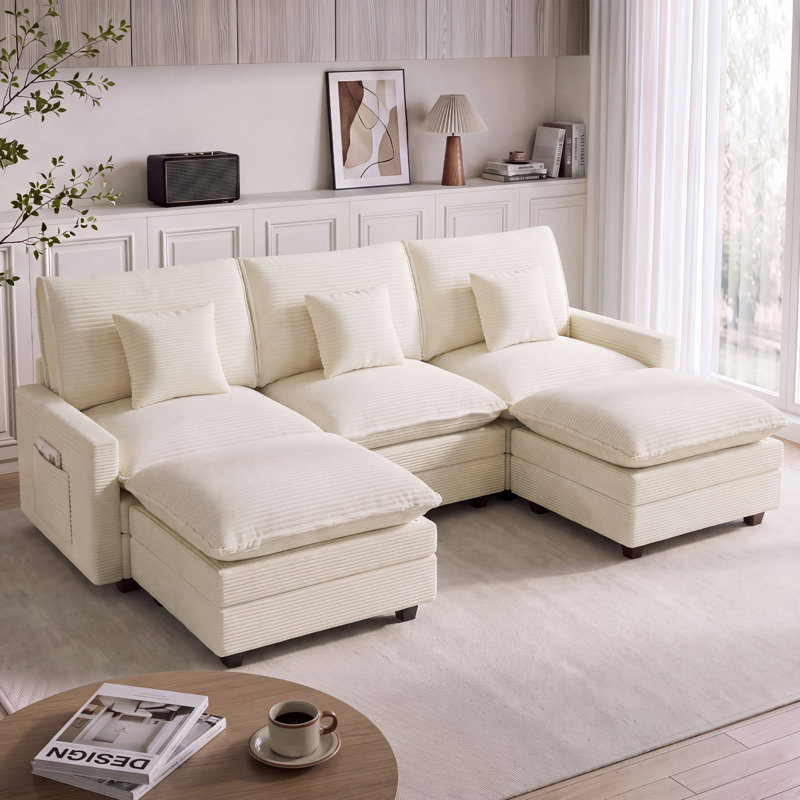 Canapé d'angle modulaire en forme de U de 108 pouces de large avec 2 poufs, White Corduroy