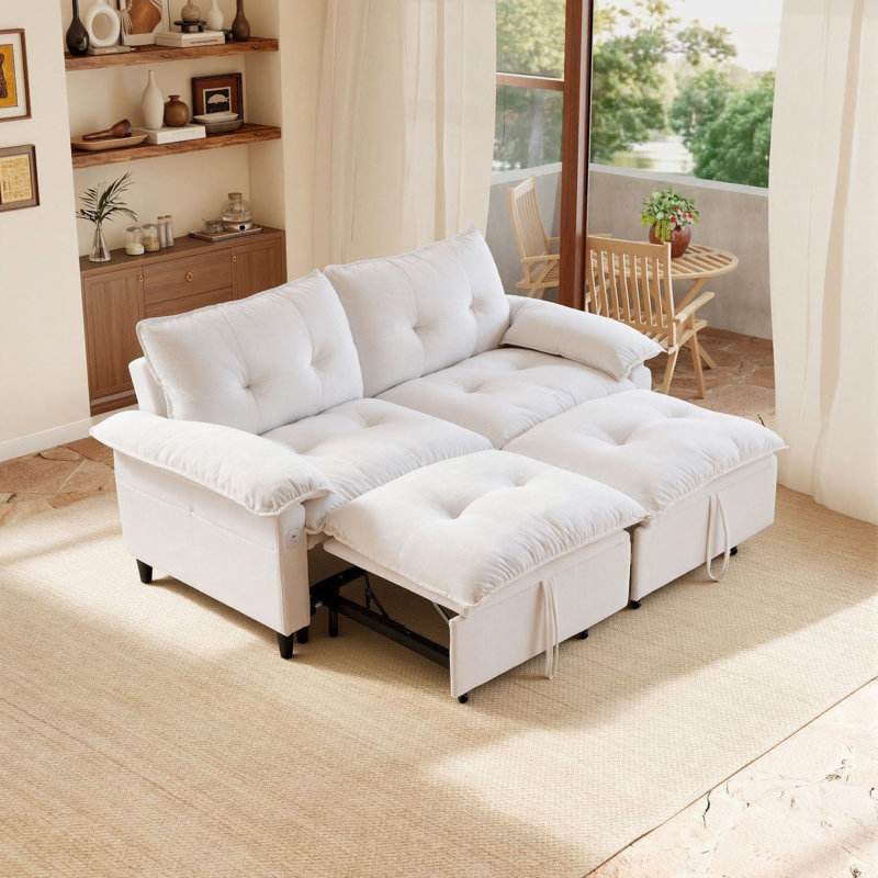 Canapé-lit 73 po en chenille avec ports USB pour petits espaces, salon, chambre à coucher, White Chenille