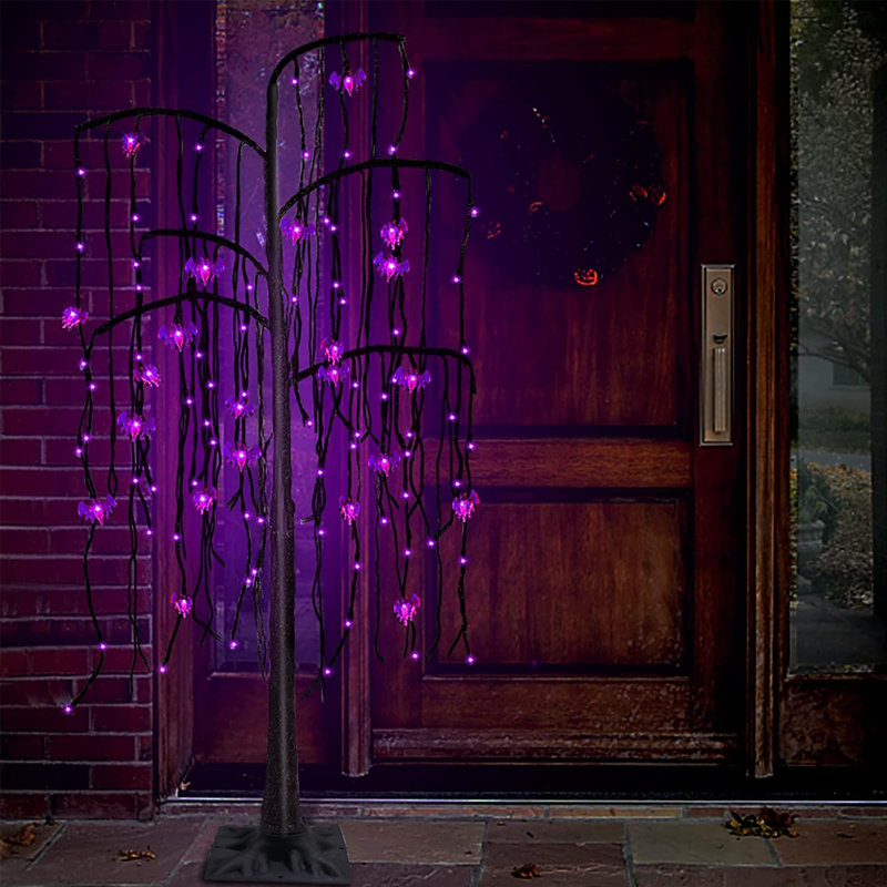 Décoration d'Halloween en forme de saule avec lumières mauves
