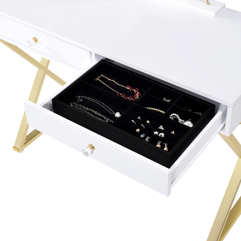 White And Gold Vanity Desk With Removable Mirror Jewelry Tray, Metal Main Material, 2 Drawers For Storing Essentials Frame, Necessity Storage