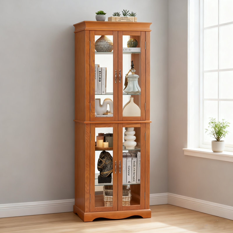 6-Tier Lighted Glass Curio Cabinet W/ Adjustable Shelves, Wood Frame Storage For Wine/Toys/Collectibles, Bulb Included - Living Room/Kitchen/Pantry，Oak