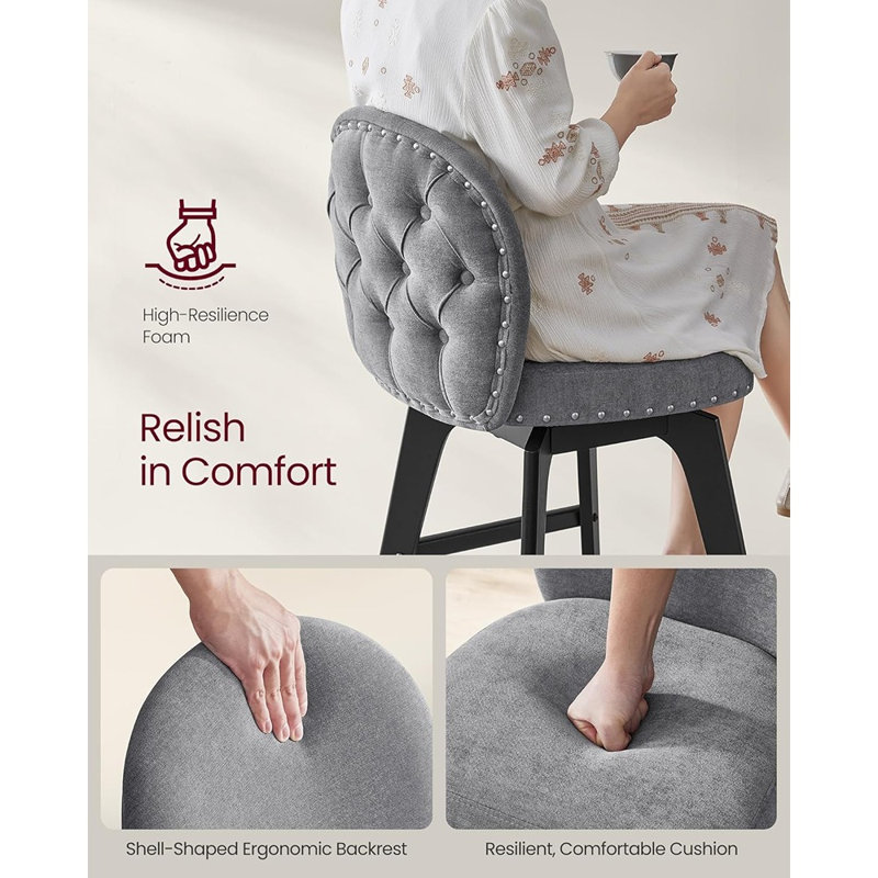 Ensemble de 2 tabourets de bar pivotants à hauteur de comptoir avec dossier, sièges revêtus de chenille et pieds en bois, gris ardoise