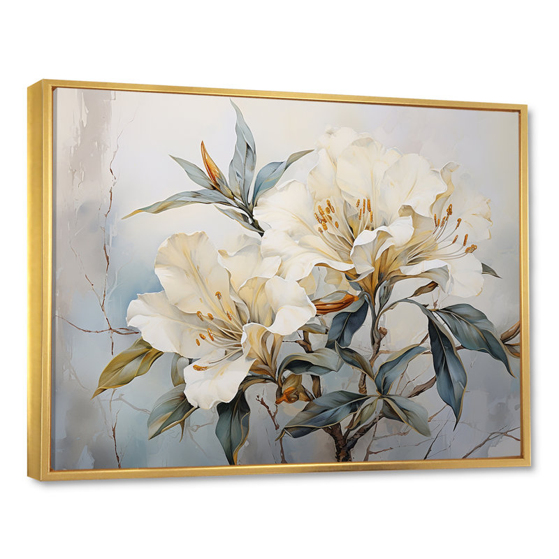 «Graceful Unembellished Rhododendron II», art mural sur toile Rhododendron, Cadre flottant doré, H 34 po x l 44 po x P 1,5 po