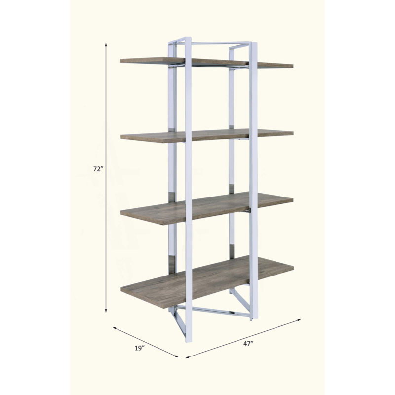 Étagère haute autoportante rectangulaire, 4 tablettes fixes en bois, base en métal chromé, dos ouvert
