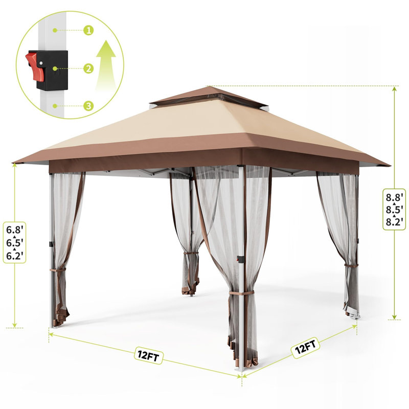 Pop Up Gazebo, 12X12 Outdoor Canopy Tent With Mosquito Netting, Pop Up Canopy Tent With Curtains/Adjustable Height/Wheeled Carrying Bag for Patio Garden Backyard Lawn