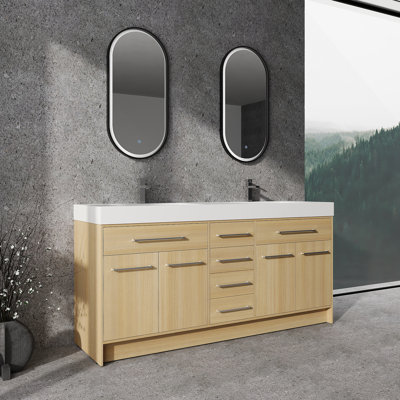Meuble-lavabo autoportant de 72 po avec double lavabo en résine, 4 portes à fermeture douce et 6 tiroirs à fermeture douce, chêne original, contreplaqué (KD-PACKING)