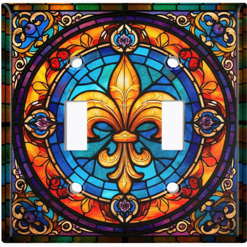 Couvercle de plaque d'interrupteur en métal; Bascule standard US à 2 bandes - image imprimée du vitrail Fleur De Lis