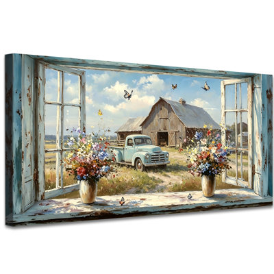 Farmhouse Barn Window View Canvas Wall Art, 2:1 Panoramic Wrapped Canvas Print with Rustic Barn, Vintage Truck, Wildflowers and Butterflies for Living Room Kitchen Decor 12×24 Inch