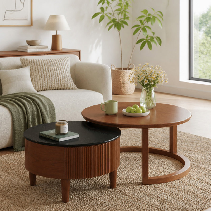 Table basse gigogne ronde vintage avec tiroir, design cannelé, bois, fini noir et noyer, salon, 80 cm