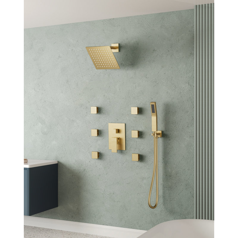 Pressure Balanced Shower System with 10" Rain Shower Head, Handheld Shower and Body Jet, Brushed Gold