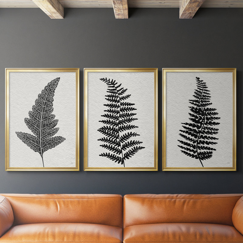 «Forest Fern I» - Toile tendue avec châssis sur mesure - 3 pièces, H 15 po x l 19 po, Doré