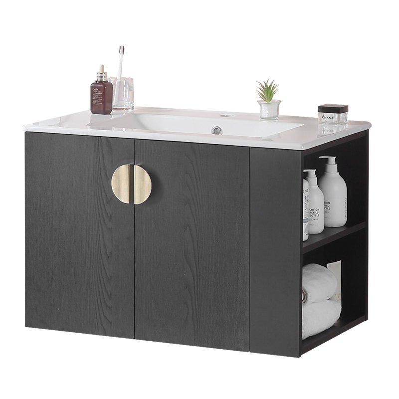 30" Bathroom Vanity With Sink, Black, Gold
