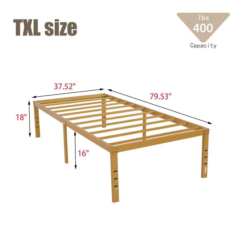 Structure de lit en acier 18 po, Simple extra long, Or