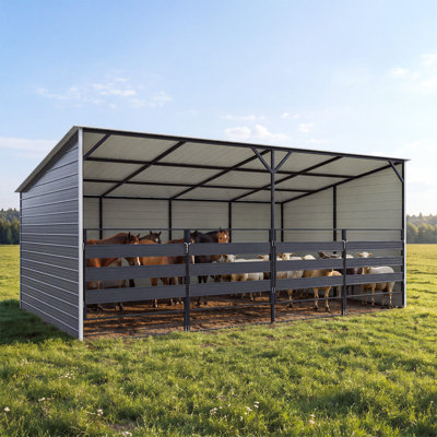 Abri pour bétail de 3,65 m x 6,10 m, abri robuste pour chevaux avec structure en acier galvanisé, toit en métal et double portail avant, abri extérieur pour chevaux, bovins, chèvres et entreposage agricole