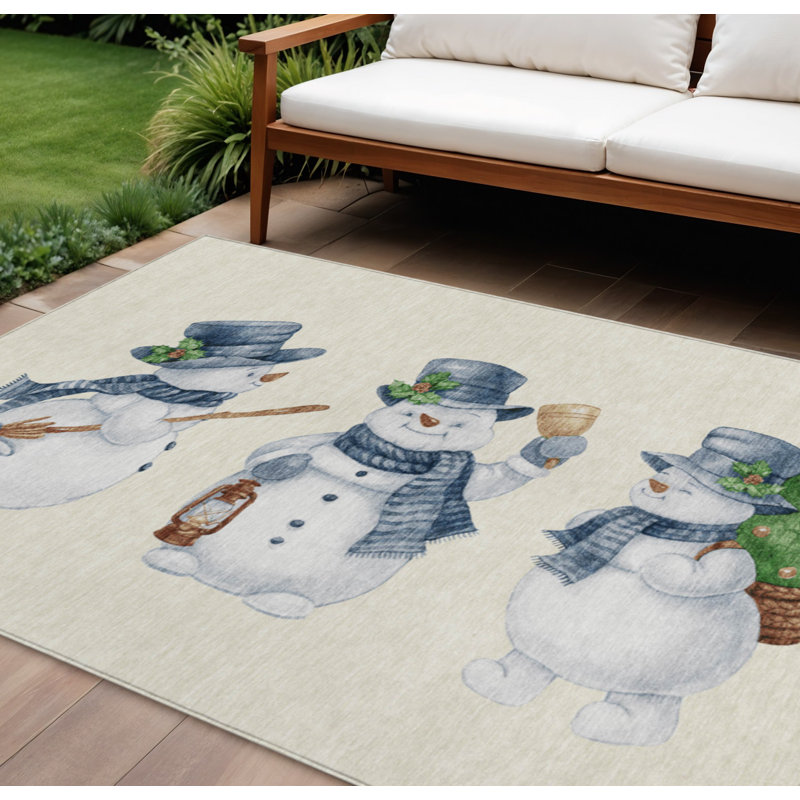 Tapis extérieur lavable en forme de bonhomme de neige 8 pi x 10 pi ivoire et bleu denim