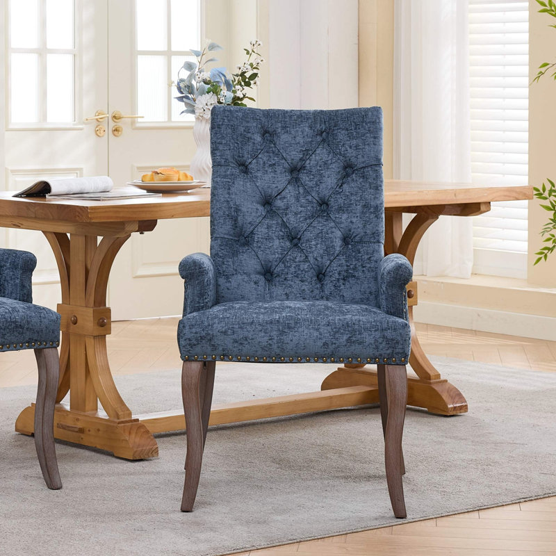 Chaise de salle à manger rembourrée en tissu de chenille, Bleu, Marron clair
